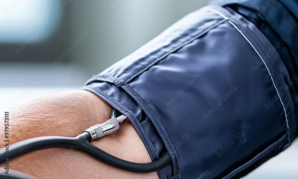 Blood pressure cuff being inflated around a patient arm, pressure ...
