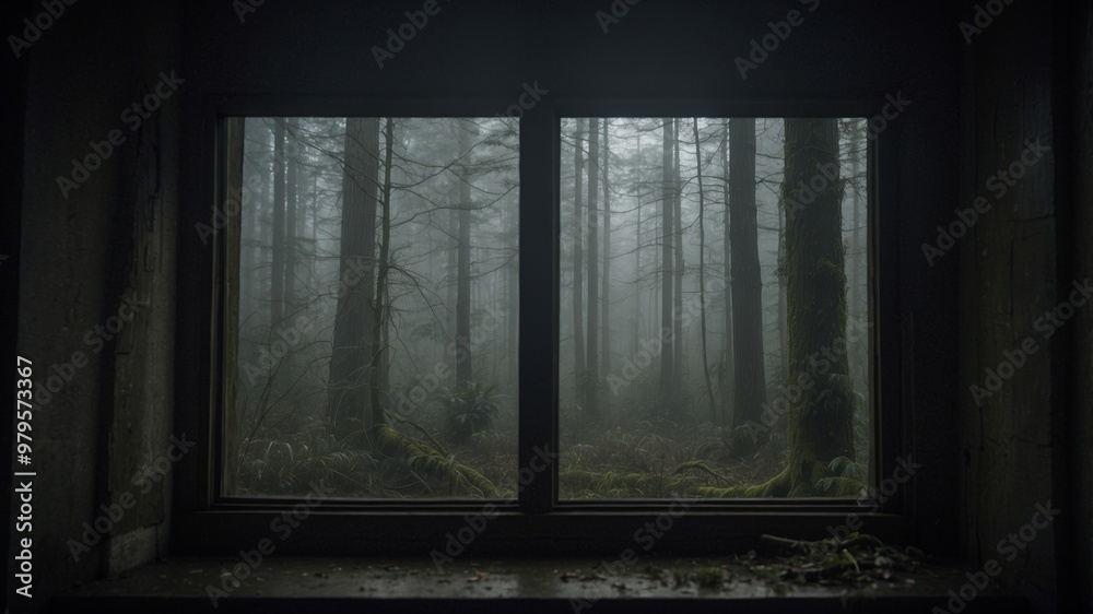 Eerie foggy forest seen through dirty windowpanes Eerie foggy forest seen through dirty windowpanes