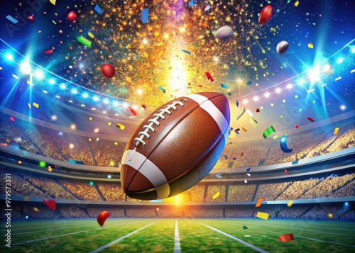 Vibrant, exaggerated cartoon illustration of a football soaring through the air, surrounded by confetti, cheers, and colorful stadium lights, evoking excitement and celebration. photo