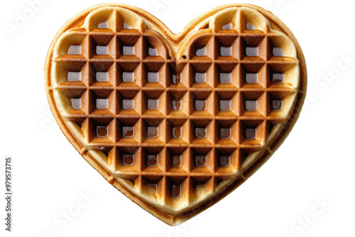 Single heart-shaped waffle, top view, centered, delicious texture visible, perfect golden-brown color, full waffle in frame, isolated on a pure white background, for high-quality stock photography