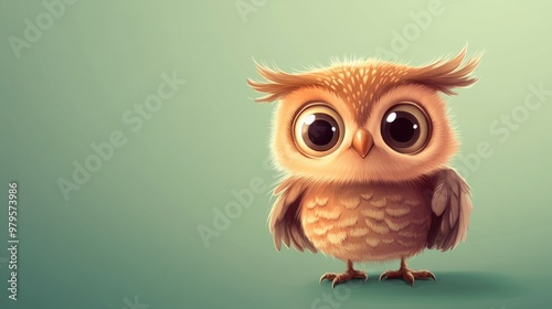 A cute baby owl cartoon with wide eyes and tiny wings, isolated on a pastel green background.