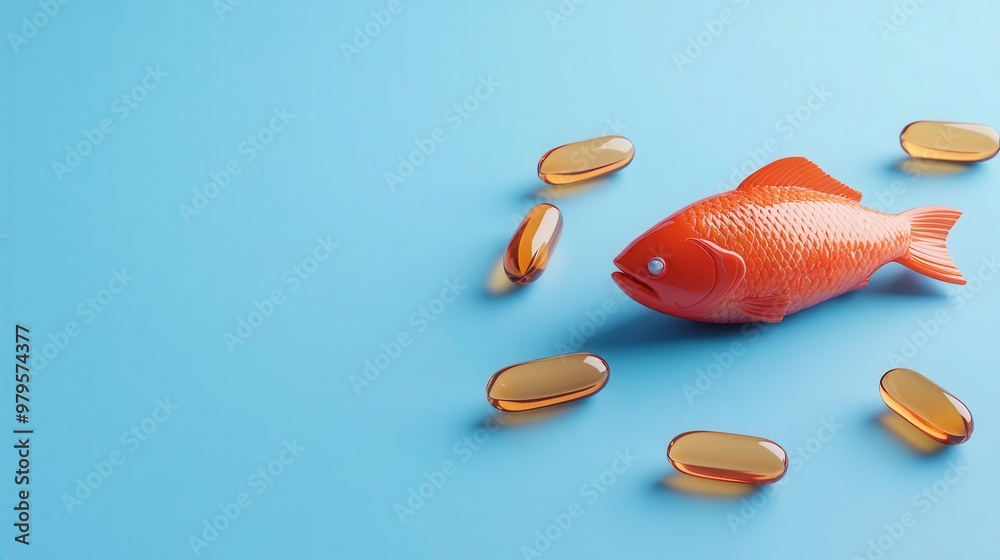 Fototapeta premium Omega-3 soft gels with fish oil droplets, underwater theme, 3D illustration