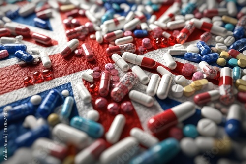 Art Concept of Brexit about pharmaceutical sector. European Medicines Agency. UK shape made of drugs over UK flag. 3D Rendering with generative ai