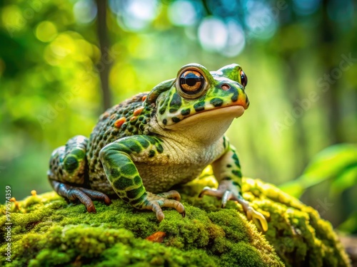 Vibrant green toad with warty skin and golden eyes perches on a moss-covered stone in a serene forest, surrounded by lush foliage and dappled light. photo