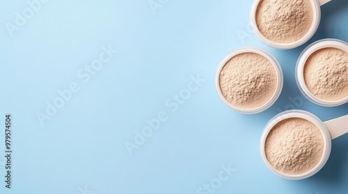 Protein powder scoops with dust effect, active lifestyle concept, 3D illustration