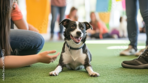 Person interacting with a playful dog at a pet adoption event filled with colorful banners and enthusiastic pet lovers photo