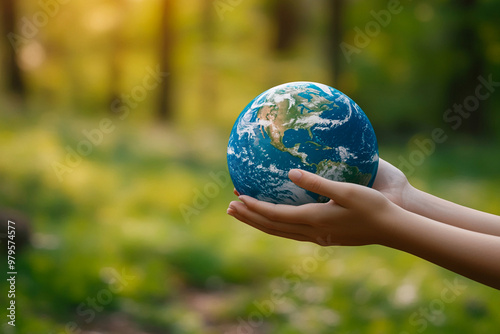 Hands holding Earth globe in nature, symbolizing environmental conservation, sustainability, and global care. Green forest background. photo