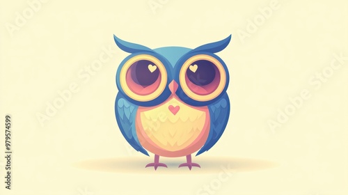 An owl cartoon character with heart-shaped eyes, isolated on a pastel yellow background.