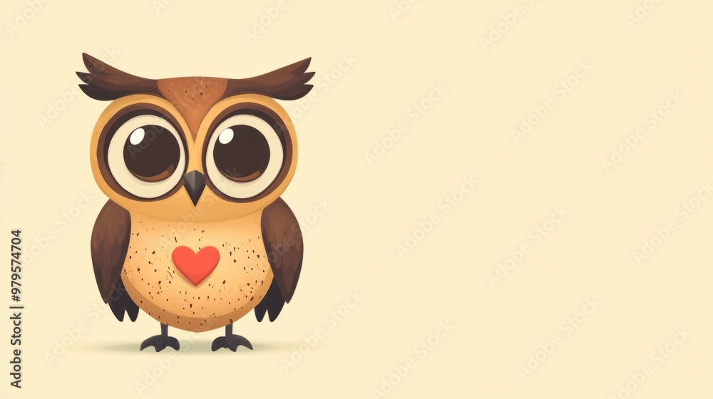 Obraz premium An owl cartoon character with heart-shaped eyes, isolated on a pastel yellow background.