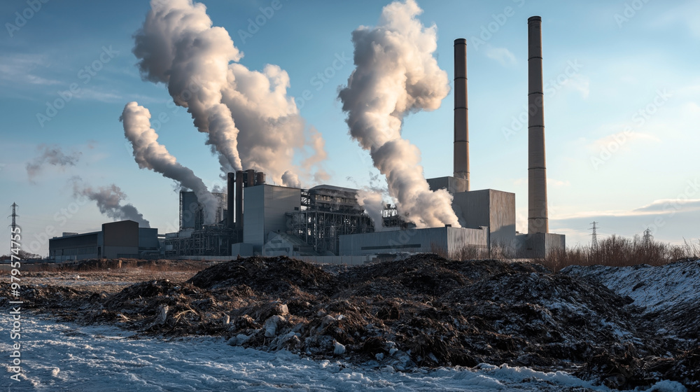Industrial facility with multiple chimneys emitting large clouds of smoke into the sky. The surrounding area is snowy and features piles of debris or waste material. Industrial facility with multiple chimneys emitting large clouds of smoke into the sky. The surrounding area is snowy and features piles of debris or waste material.