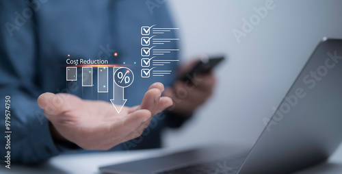 Person hold cost icon virtual screen, symbolizing the concept of cost reduction in business finance. Focus on budget management, cost optimization, achieving economic saving and financial efficiency