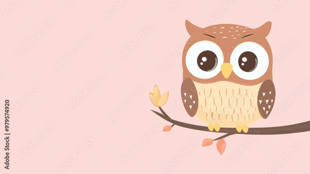 A friendly cartoon owl waving hello, perched on a branch, isolated on a pastel pink background. A friendly cartoon owl waving hello, perched on a branch, isolated on a pastel pink background.