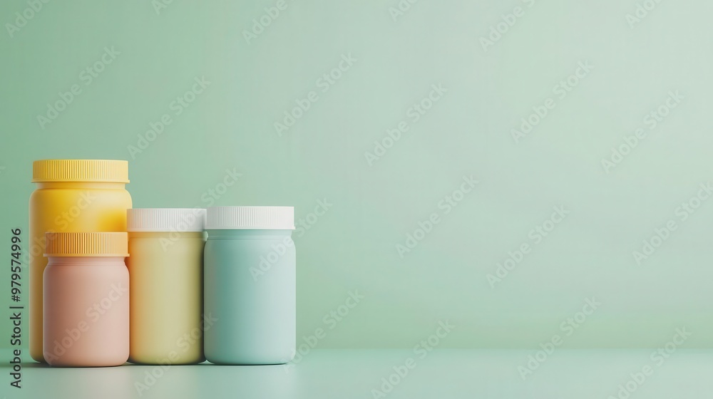 Nutraceutical powders in vibrant containers, wellness routine setting, 3D illustration Nutraceutical powders in vibrant containers, wellness routine setting, 3D illustration
