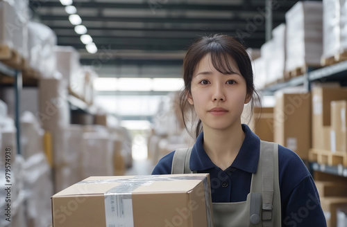 A 30-year-old Japanese woman in a busy logistics warehouse, carrying a parcel and preparing for delivery