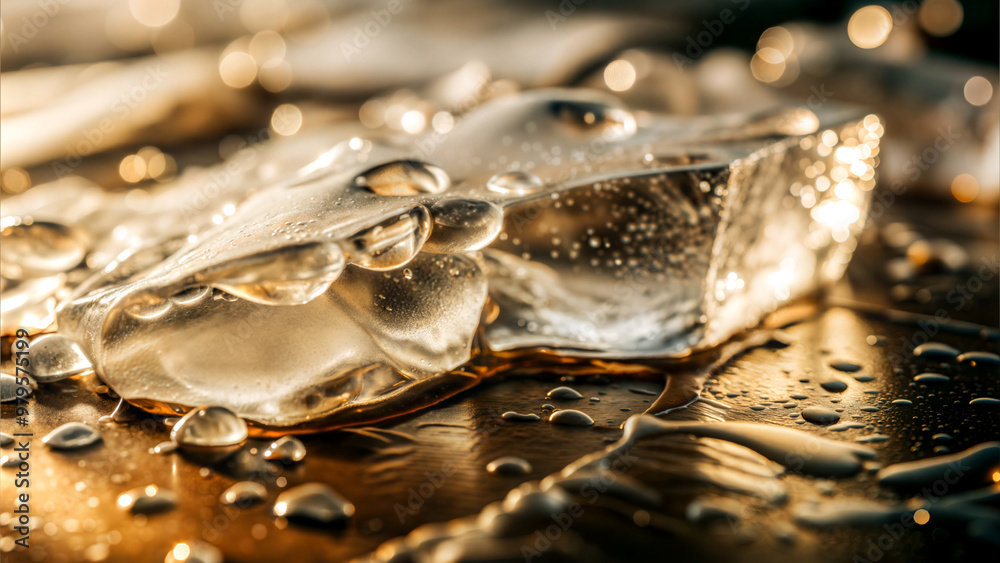 melting ice cube with water droplets, close-up in warm tones, summer parties, New Year's, Christmas melting ice cube with water droplets, close-up in warm tones, summer parties, New Year's, Christmas