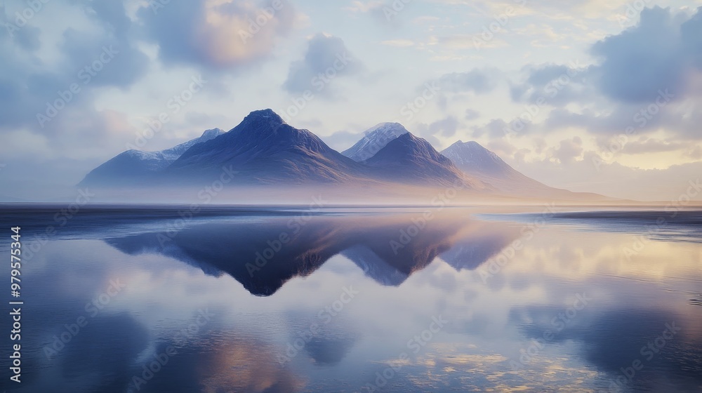 Serene Reflection of Distant Mountains on Wet Sand with Soft Hues and High Contrast Serene Reflection of Distant Mountains on Wet Sand with Soft Hues and High Contrast
