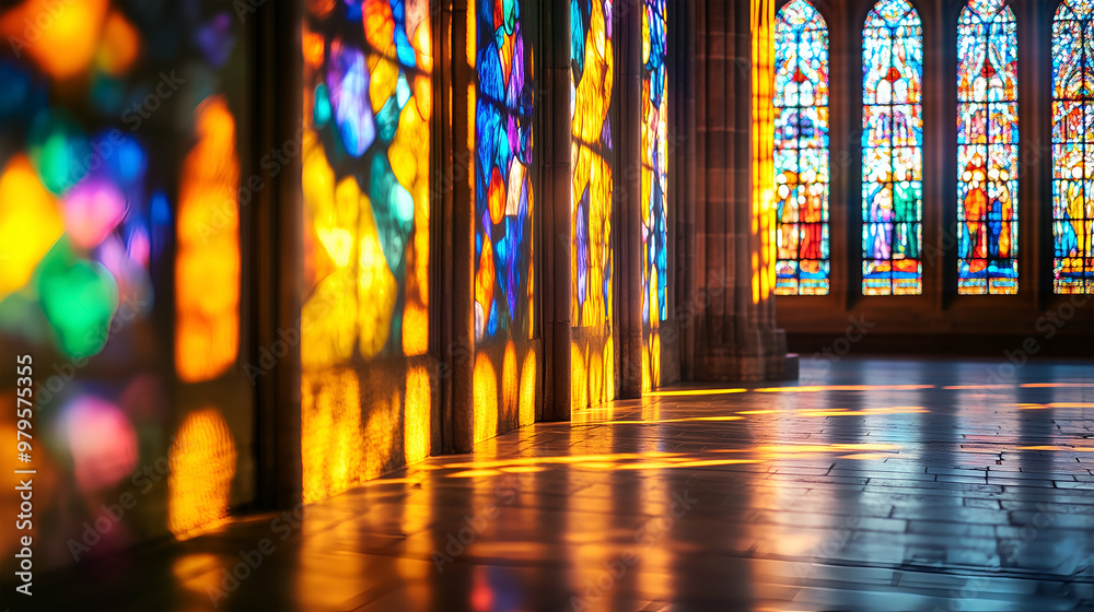 Vivid sunlight streaming through stained glass windows in a historic church at golden hour Vivid sunlight streaming through stained glass windows in a historic church at golden hour