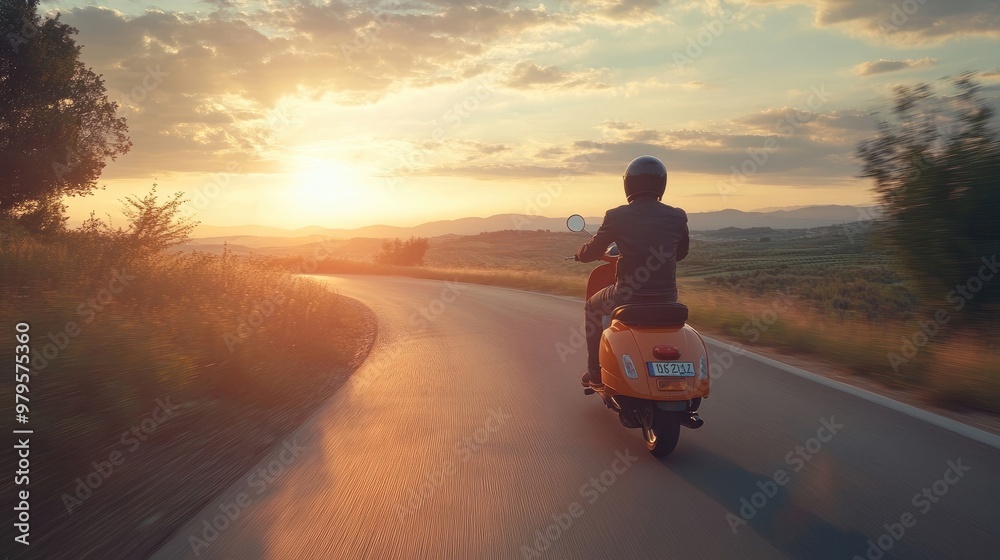 A Man on Scooter Racing Down a Country Road at Sunset, Vespa Motorcycle and Beautiful Rolling Hills in the Background A Man on Scooter Racing Down a Country Road at Sunset, Vespa Motorcycle and Beautiful Rolling Hills in the Background