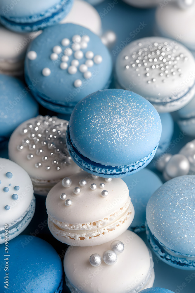 Obraz premium Assortment of macarons resembling a winter landscape, in shades of pastel blue and white with silver dust, on a soft gray canvas.