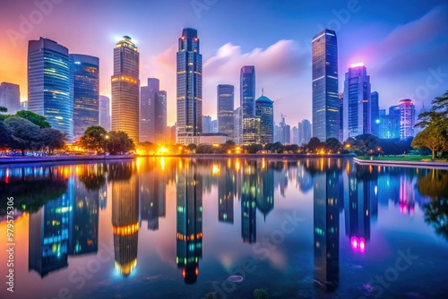 Vibrant neon lights illuminate a misty cityscape at dusk, with sleek skyscrapers and futuristic architecture reflecting in the rippling waters of a serene urban lake.