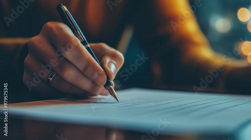 Close-Up of Hand Signing a Document with a Fountain Pen photo