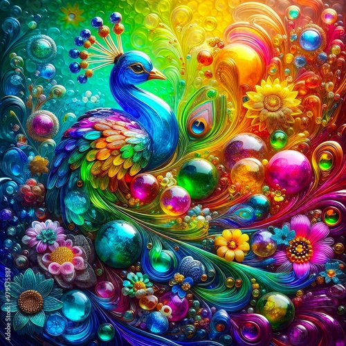 Glass peacock in rainbow colors