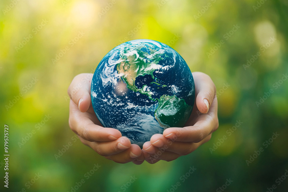 Hands holding planet Earth with a green blur background, symbolizing global environmental care and ecological responsibility. Hands holding planet Earth with a green blur background, symbolizing global environmental care and ecological responsibility.