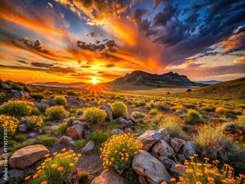 Vibrant orange and yellow hues of a serene sunset illuminate the vast, open range of a rugged, rocky terrain dotted with sparse wildflowers. photo