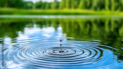 A droplet sends ripples across a calm lake, framed by the tranquility of green trees in the background.