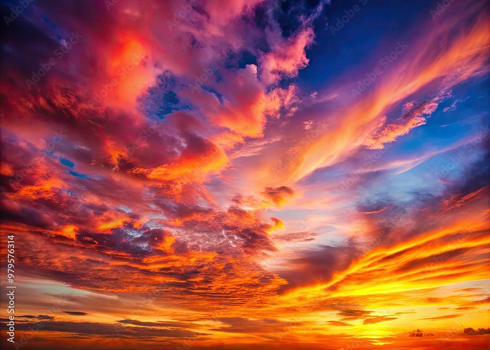 Fototapeta premium Vibrant orange, pink, and purple hues merge in a breathtaking sunset gradient, with soft clouds drifting across a serene sky as day yields to tranquil twilight.