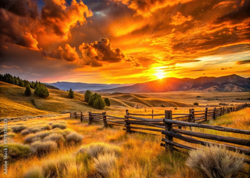 Fototapeta premium Vibrant orange sunset casts a warm glow on rusty old wooden fences, vast open ranges, and rolling hills of a quintessential American Wild West landscape.