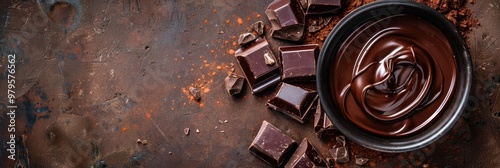 Rich dark chocolate melted in a bowl surrounded by cocoa pieces on a dark brown surface in the kitchen. Copy space