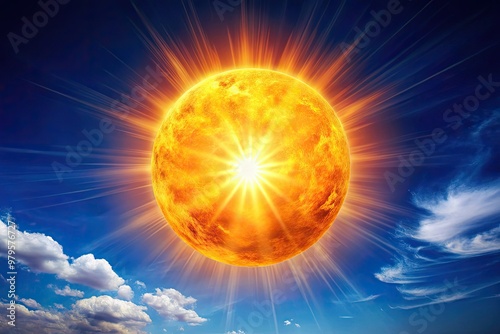 Vibrant orange-yellow sun blazes intensely in a clear blue sky, radiating heat and energy, with subtle lens flare and slight atmospheric haze. photo