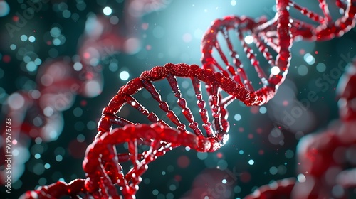 A red DNA double helix, rendered in 3D, twists elegantly in a futuristic display of genetic marvels. photo