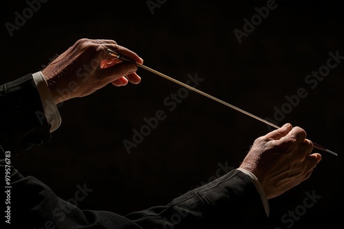 Orchestra conductor music conducting. Hands of conductor with baton isolated on black background