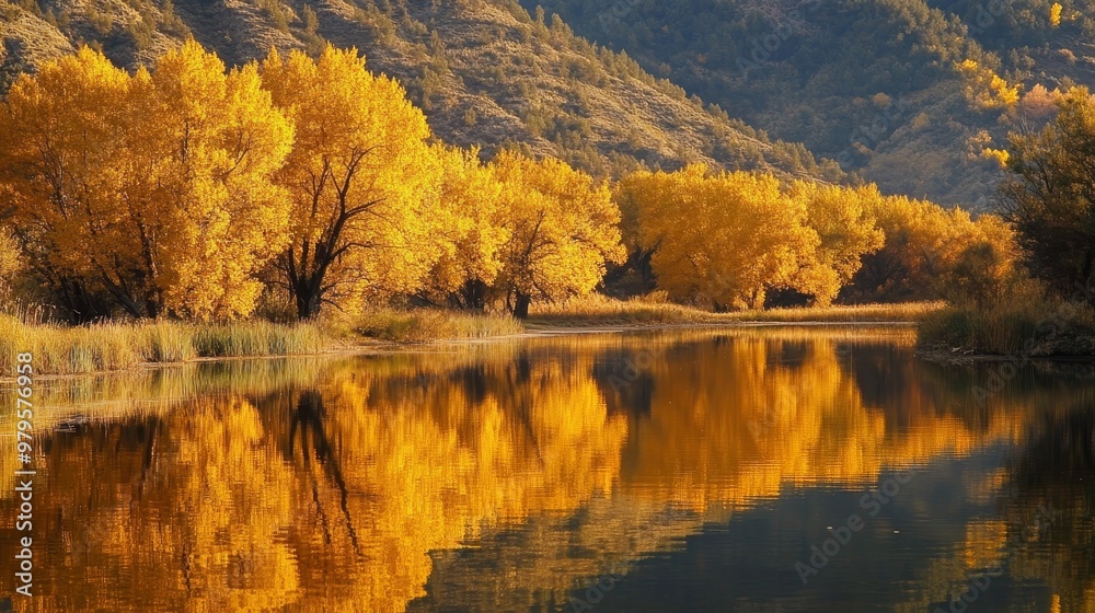 Tranquil Golden Reflection of Autumn Trees in Water, Serene Landscape Scene Tranquil Golden Reflection of Autumn Trees in Water, Serene Landscape Scene