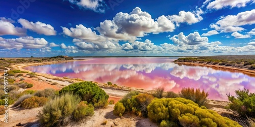 Vibrant pink saltwater lake surrounded by rocky shoreline and scrubby vegetation under a bright blue sky with wispy white clouds in western Australia's Geraldton region. photo