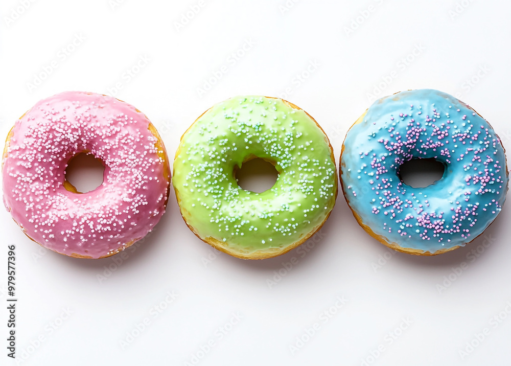 Colorful doughnuts with glaze and sprinkles, isolated on a white background. Colorful doughnuts with glaze and sprinkles, isolated on a white background.