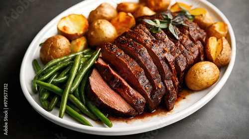 A roasted beef tenderloin sliced and served on a white platter with whole roasted potatoes and green beans, garnished with fresh herbs. photo