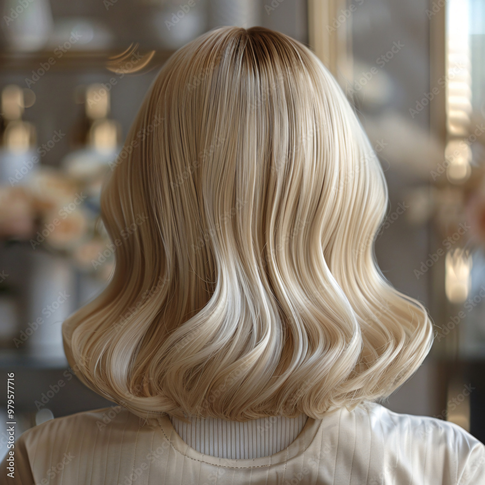 close-up of a short blonde wavy wig with gentle curls, showcased in a salon with warm lighting, blurred background. close-up of a short blonde wavy wig with gentle curls, showcased in a salon with warm lighting, blurred background.