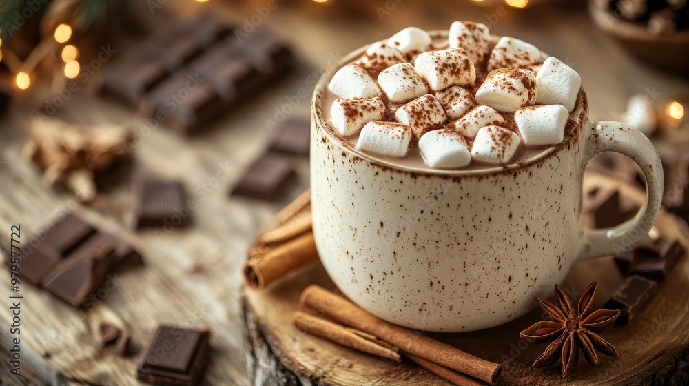Cozy flat lay of hot chocolate with marshmallows, cinnamon sticks, and chocolate on rustic wooden table Cozy flat lay of hot chocolate with marshmallows, cinnamon sticks, and chocolate on rustic wooden table