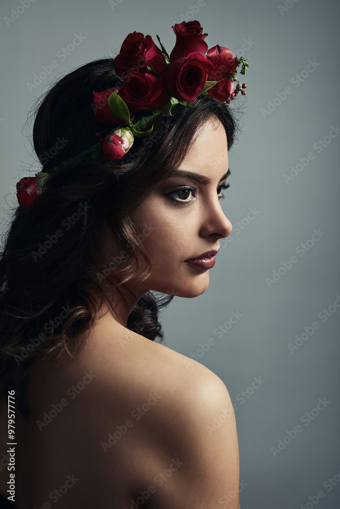 Thinking, cosmetics and woman with flowers, skincare and fantasy with floral, dermatology and studio. Grey background, proud and shine of skin with glow, wreath and treatment with roses and makeup