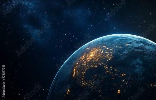 Realistic View of Earth from Space at Night with Glowing City Lights and Stars in the Background, Illuminating North America, Capturing the Beauty of Urban Lights and Vast Space