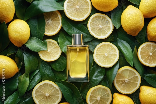 lemon fragrance bottle with slices and leaves, natural citrus essence concept banner photo