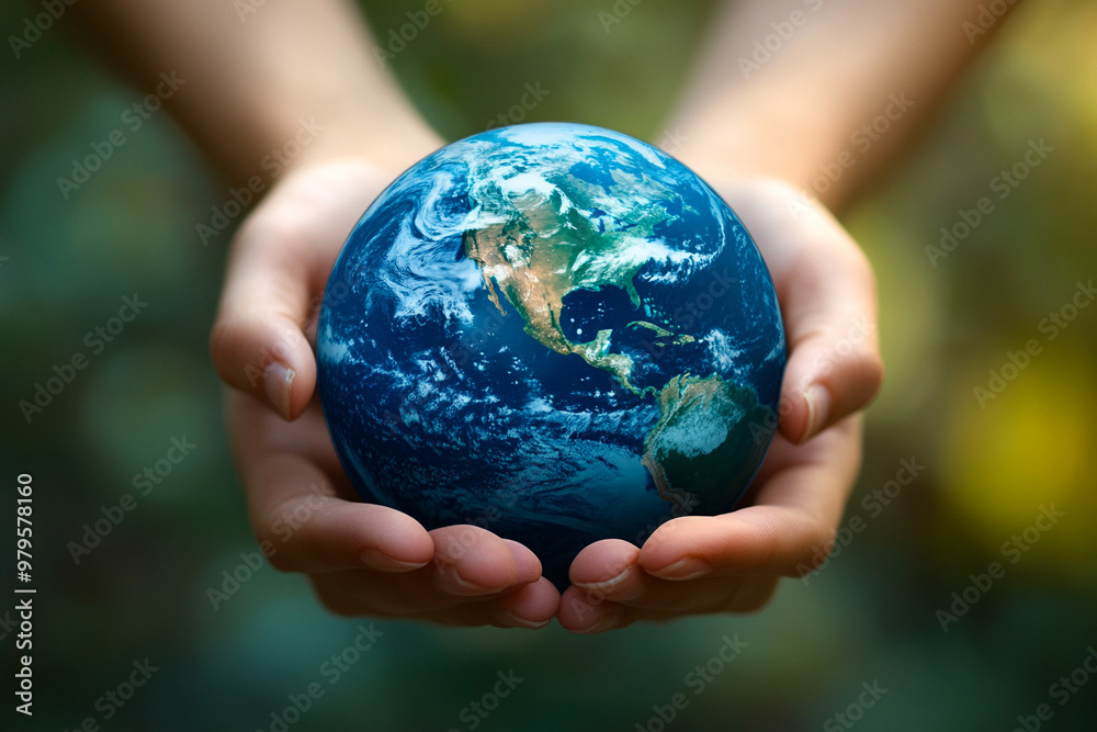 Person holding planet Earth, symbolizing global care and environmental consciousness, with a green background. Person holding planet Earth, symbolizing global care and environmental consciousness, with a green background.