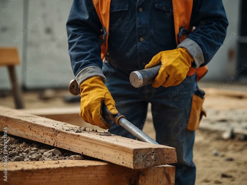 Construction worker using a hammer safely with full gear. Construction worker using a hammer safely with full gear.