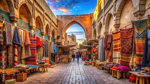 Vibrant souk marketplace in ancient city, ornate arches and lanterns adorn stalls selling colorful carpets, spices, and intricate handicrafts beneath a bright blue desert sky. photo