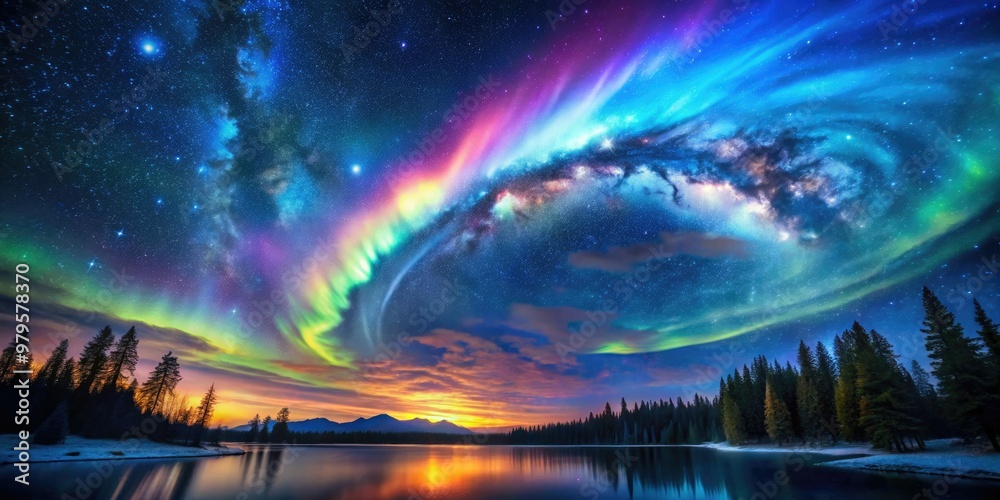 Vibrant starry night sky with twinkling celestial bodies, swirling galaxy clouds, and streaks of colorful aurora borealis against a dark blue atmospheric backdrop. Vibrant starry night sky with twinkling celestial bodies, swirling galaxy clouds, and streaks of colorful aurora borealis against a dark blue atmospheric backdrop.