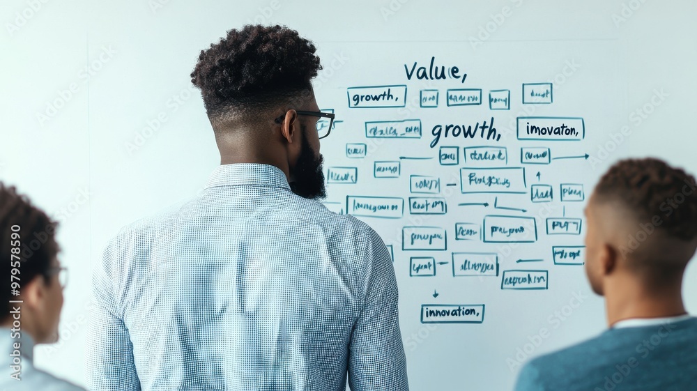 A diverse group of professionals analyzing an innovative strategy on a whiteboard, showcasing growth and value-oriented ideas. A diverse group of professionals analyzing an innovative strategy on a whiteboard, showcasing growth and value-oriented ideas.