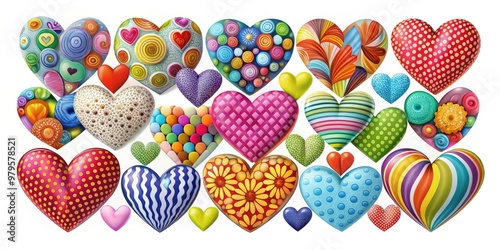 Vibrant, stylized hearts in various shapes, sizes, and colors, artistically arranged on a white background, perfect for Valentine's Day, love, or friendship-themed designs. photo